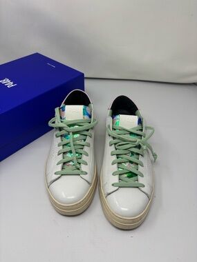 P448 White Leather Sneakers with Mint Laces and Iridescent Green Tongue